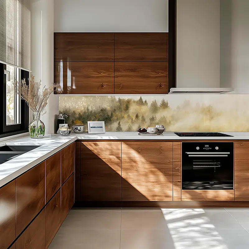 Küche mit Holzschränken, weißer Arbeitsplatte und Waldmotiv