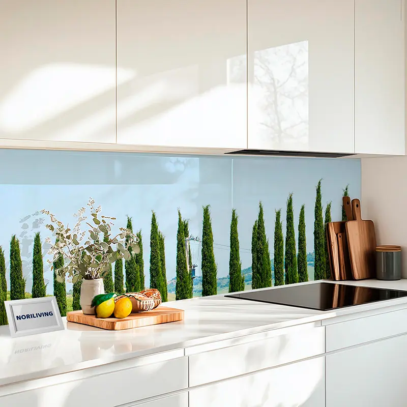 Fliesenspiegel Alu Zypressenallee in grüner Hügellandschaft 110