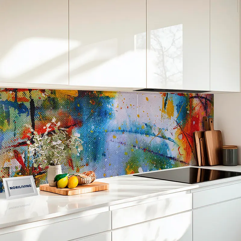 Abstrakte, farbenfrohe Küchenrückwand mit Aquarell-Effekt