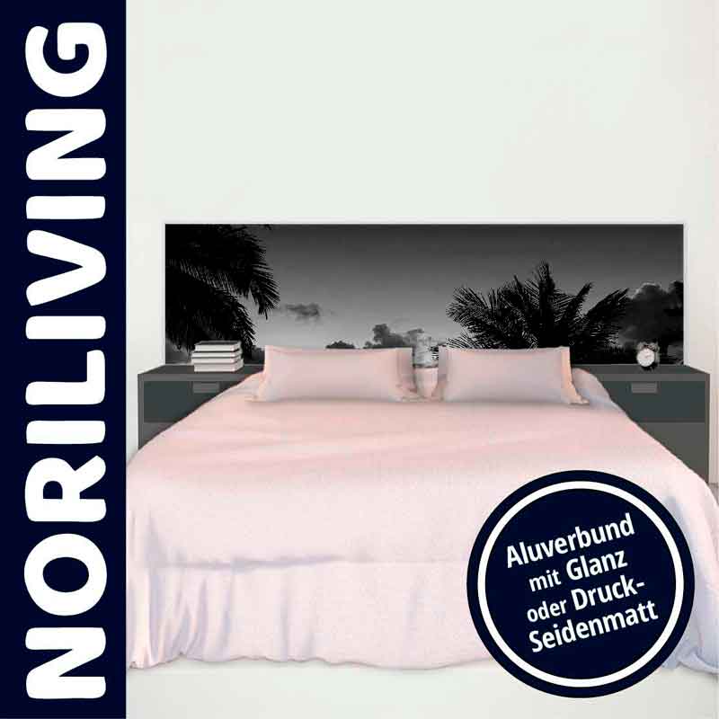 Schlafzimmer mit Noriliving Bett, Schwarz-Weiß-Kopfteil und Aluverbund-Optionen