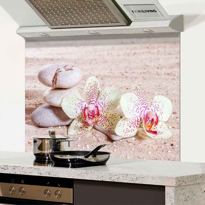 Spritzschutz Küche - Herd Alu Orchidee mit Zensteinen im Sand 609