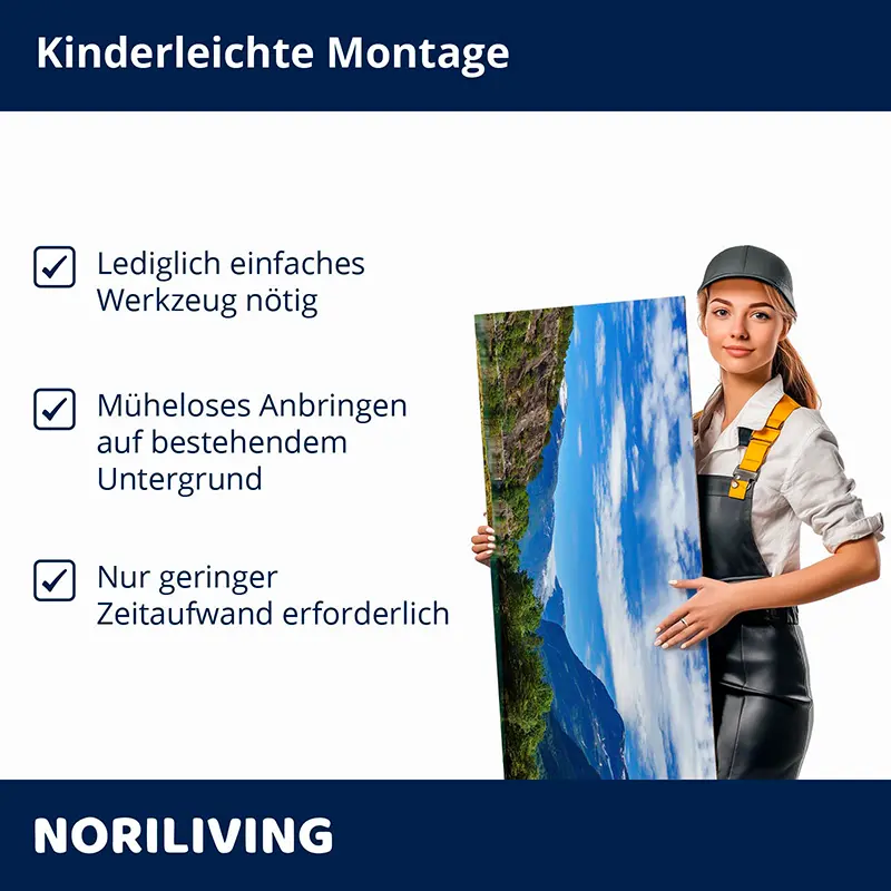 Montagehinweis: Frau trägt dekoratives Wandpaneel