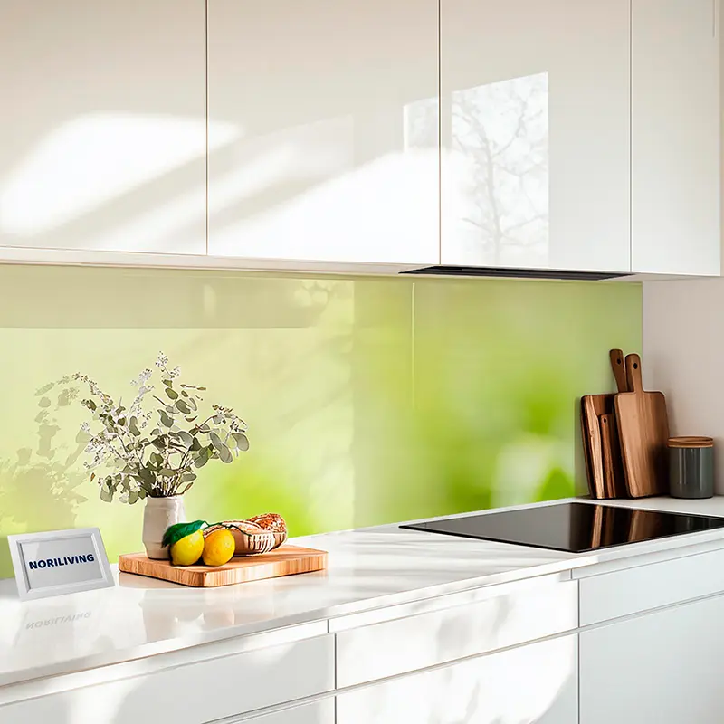 Weißer Küchenarbeitsplatz mit grünem Rückwand