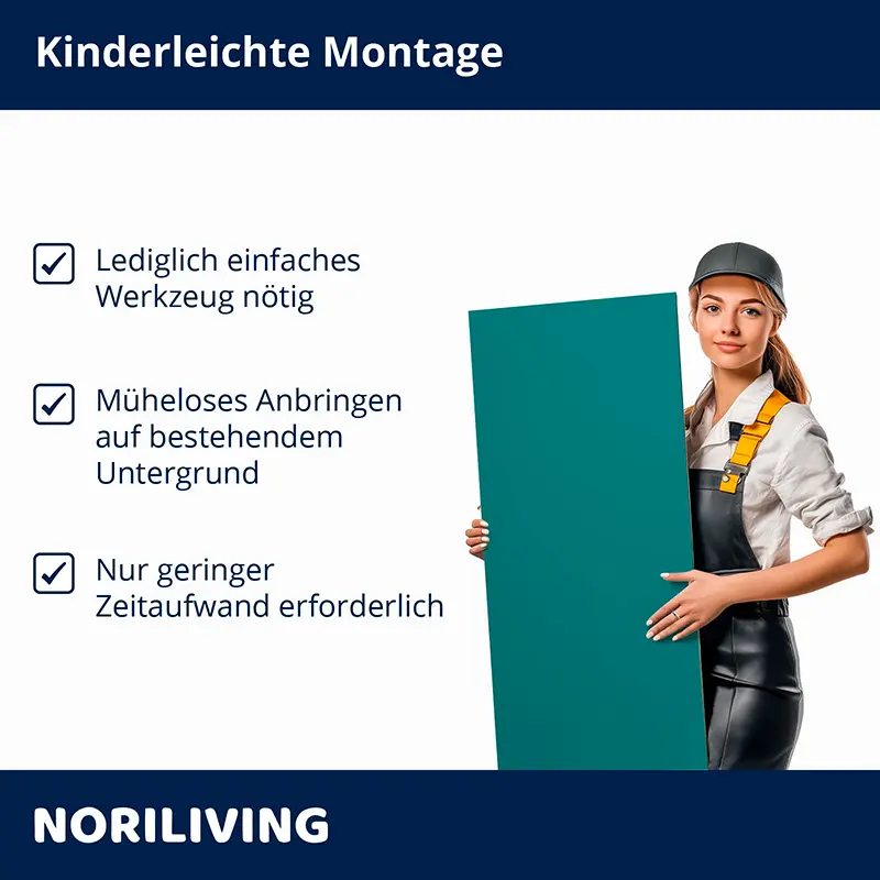 Frau hält grünes Wandpaneel, einfache Montagehinweise