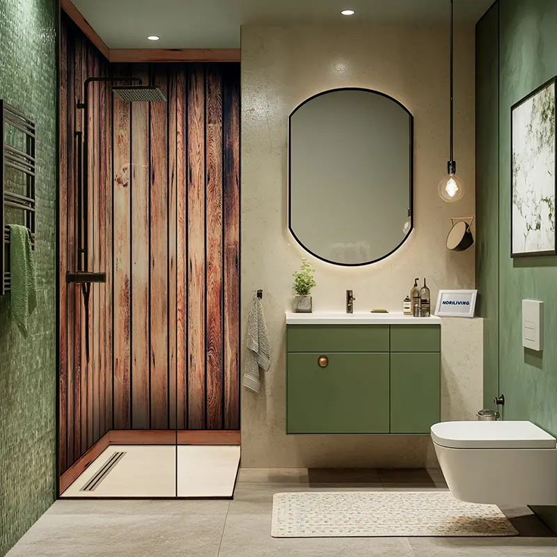 Grünes Bad mit Holz-Dusche, Waschtisch und WC