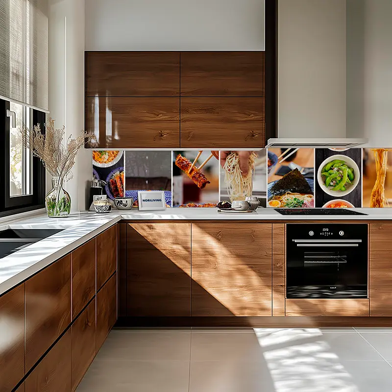 Küche mit Holzschränken, Marmorarbeitsplatte und Food-Motiv