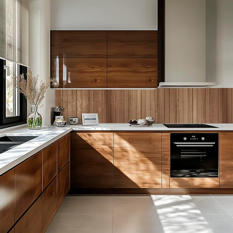 L-förmige Küche in Holzoptik mit weißer Arbeitsplatte