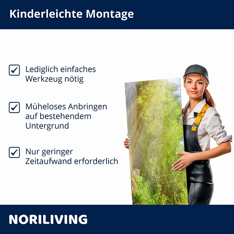 Frau hält Dekorplatte, Montagehinweis und Noriliving-Logo