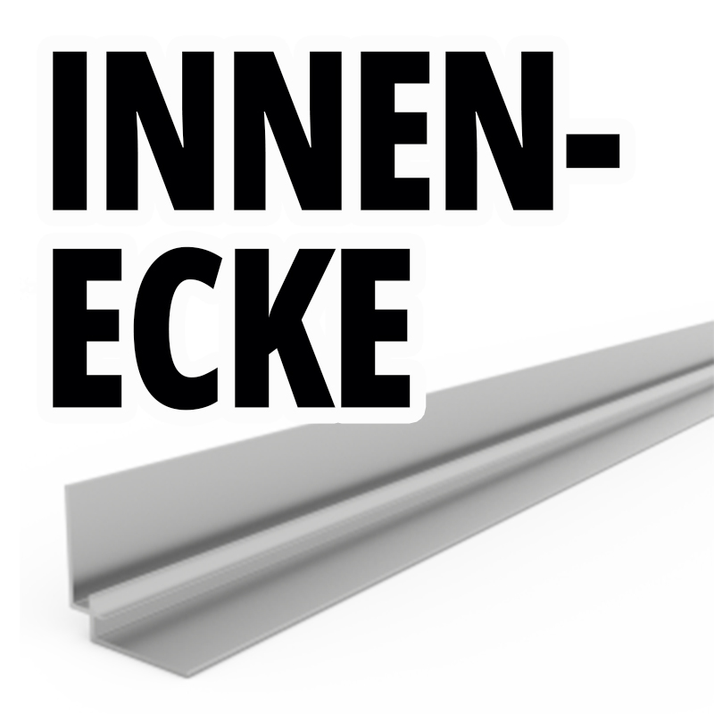 Silberne Innenecke aus Metall für Wände mit dem Text 'INNEN-ECKE' im Hintergrund