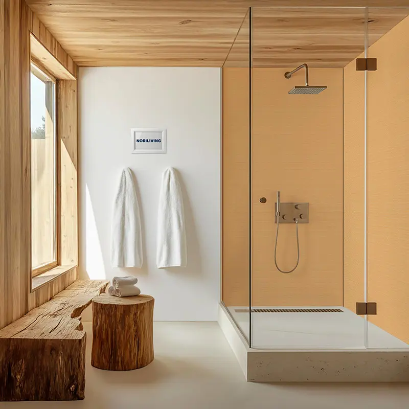 Minimalistisches Badezimmer mit Regendusche und Handtüchern