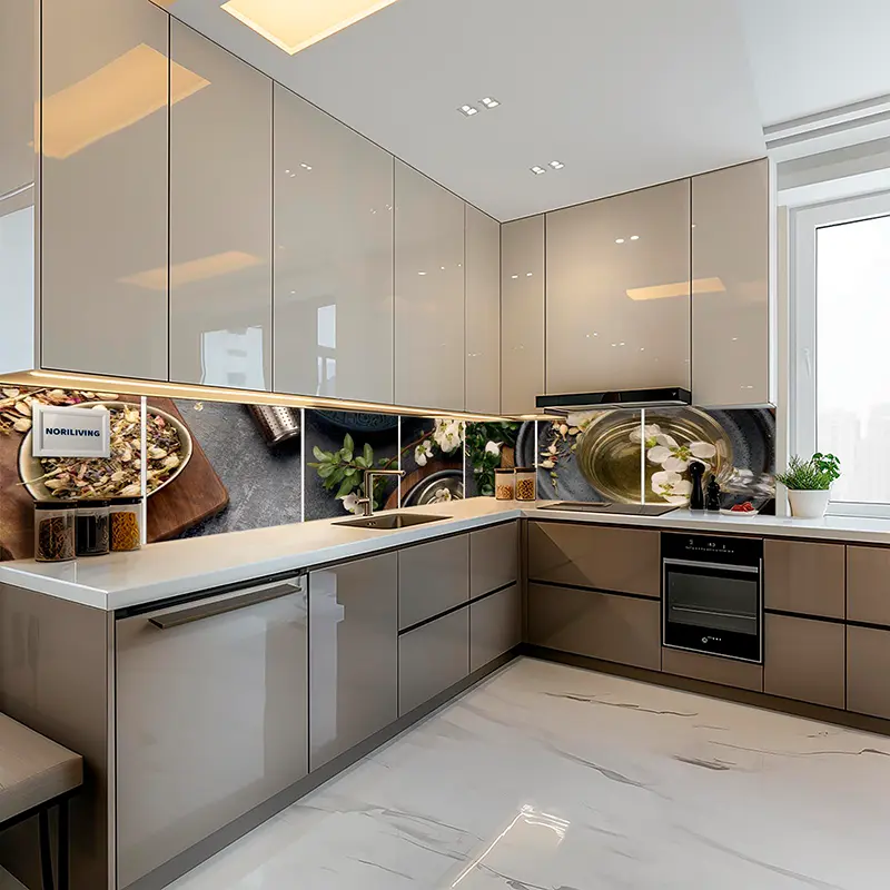Beige Hochglanzküche mit Kräuter-Motiv-Backsplash