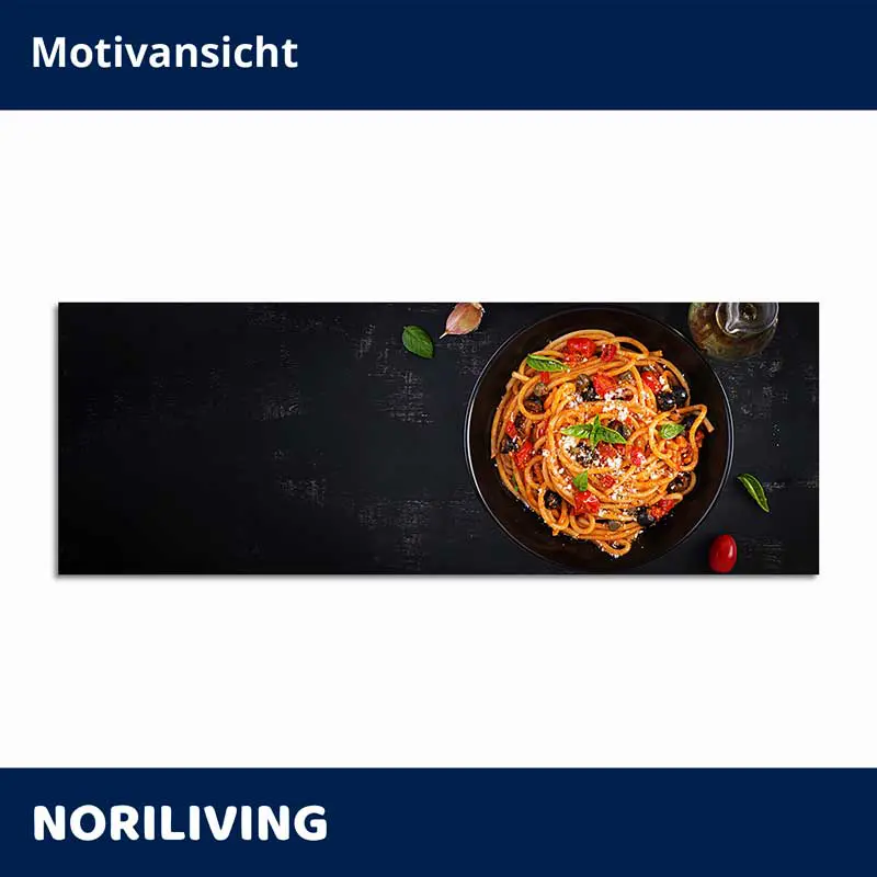 Schwarzer Panorama-Druck: Spaghetti, Tomaten, Basilikum