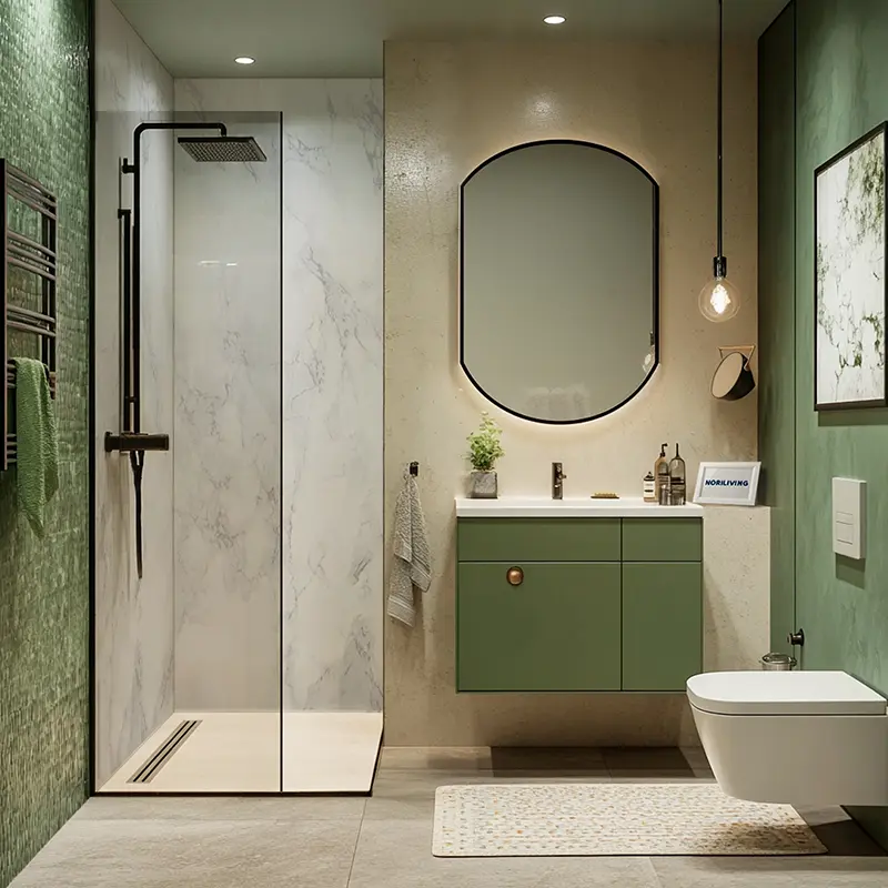 Grünes Bad mit Glasdusche, Wandwaschbecken und Hänge-WC