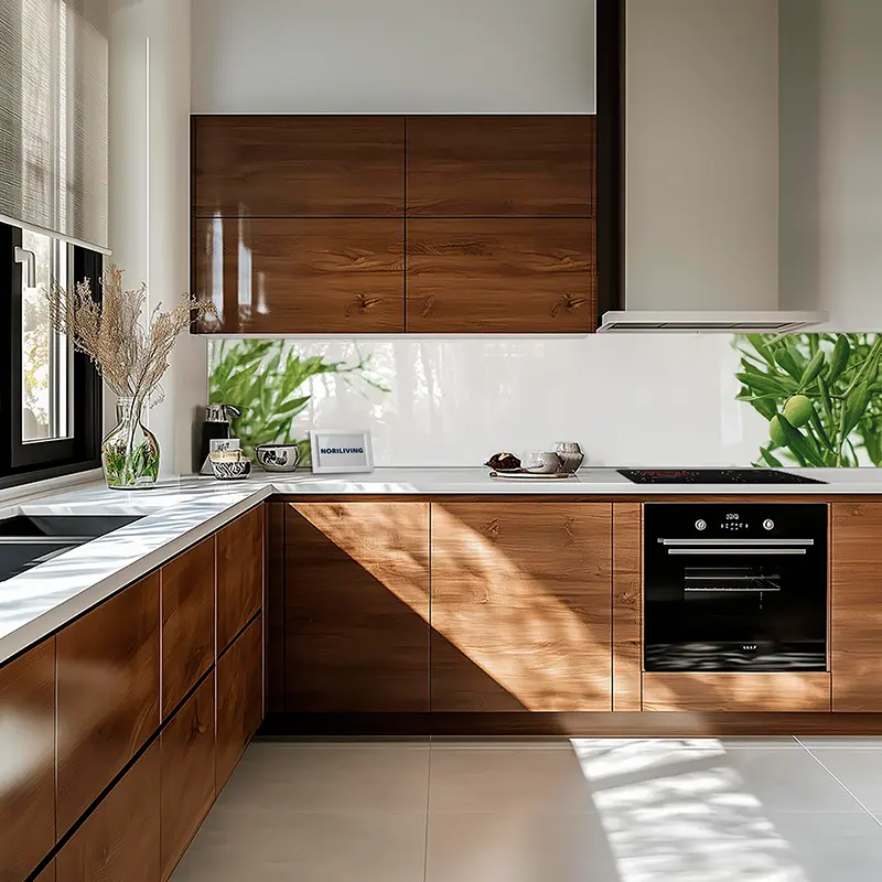 Helle Küche mit Holzschränken und Backofen