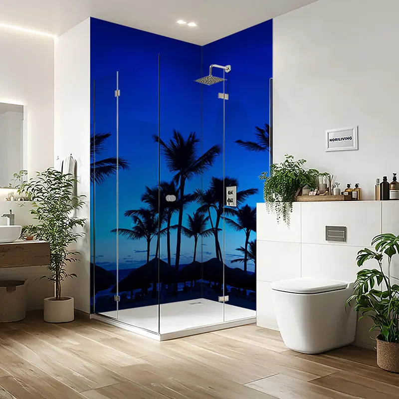 Glasdusche mit blauem Palmen-Sonnenuntergang