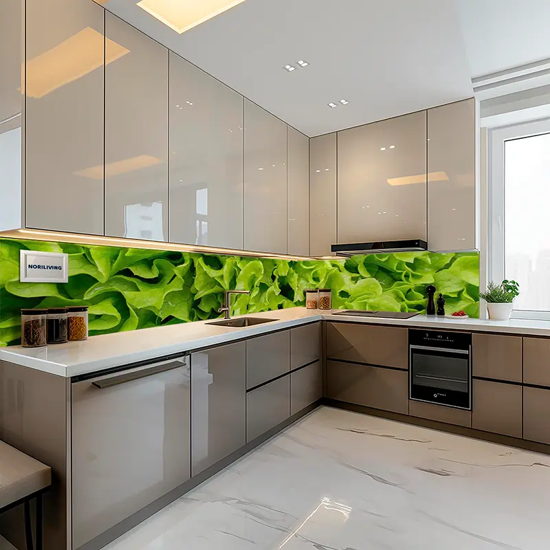 Moderne Küche mit grünem Salat-Motiv als Spritzschutz