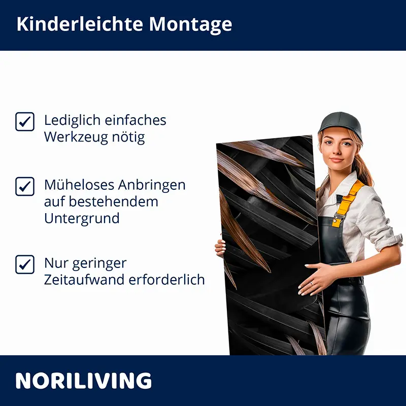 Frau hält Dekorplatte, Hinweis kinderleichte Montage