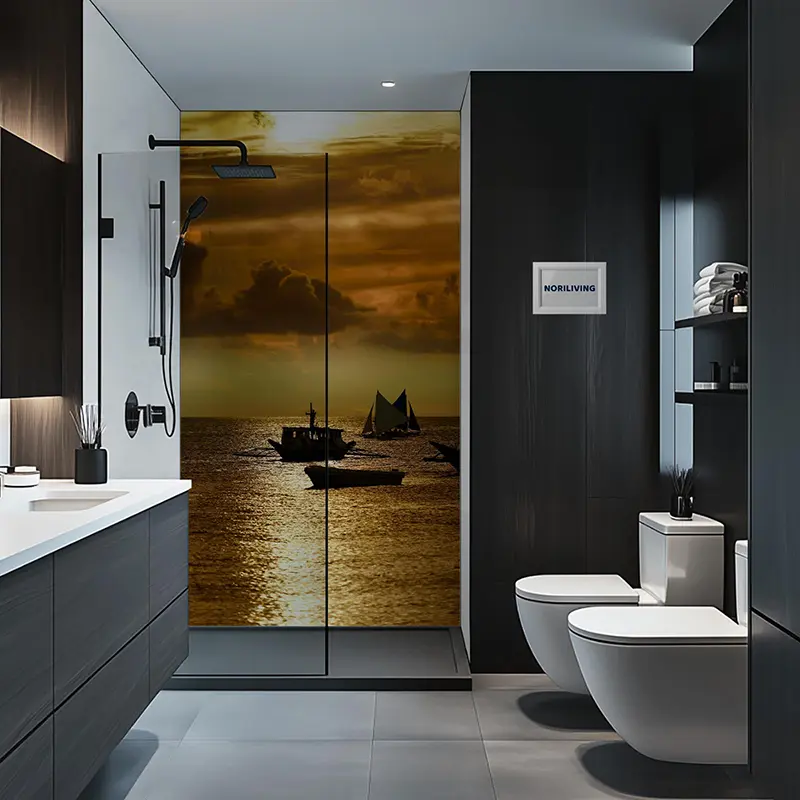 Duschkabine mit Sonnenuntergang-Motiv