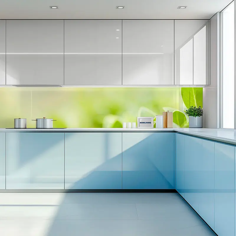 Helle Küche, blaue Fronten, grüne Glasrückwand