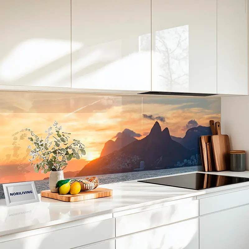 Küchenrückwand Echtglasoptik Profiline Panorama Strand und Stadt bei Sonnenuntergang 814