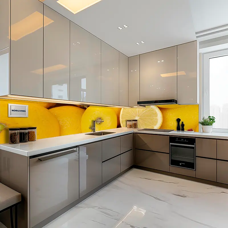 Eckküche mit glänzenden Fronten und Zitronen-Design