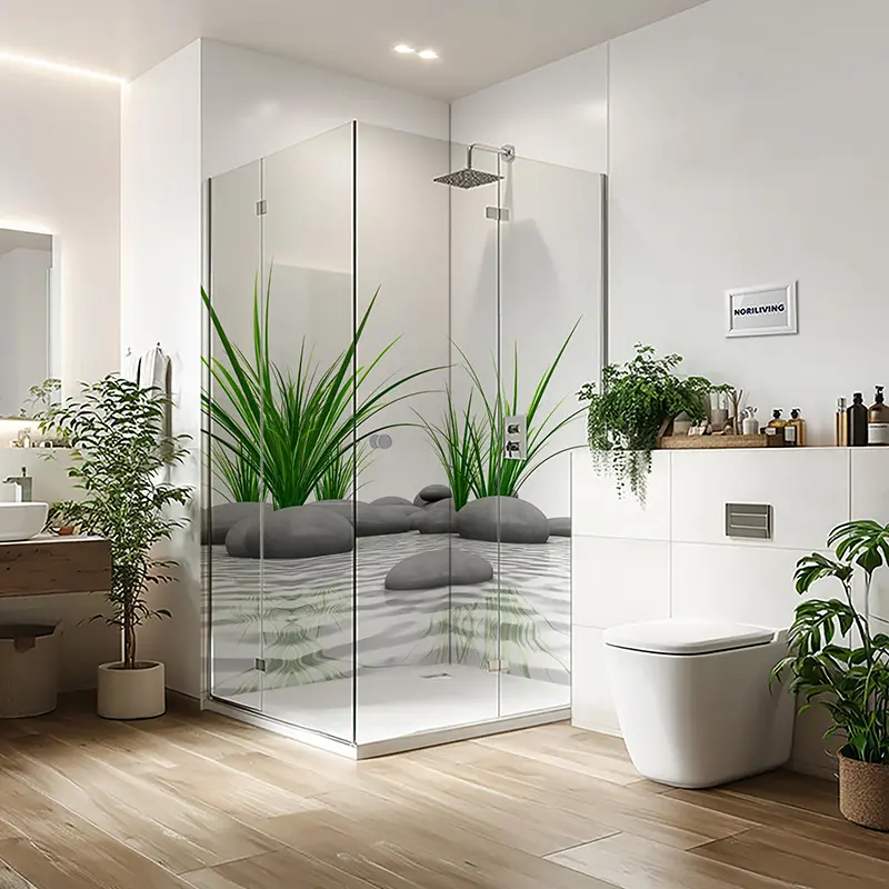 Modernes Badezimmer mit eckiger Glasdusche