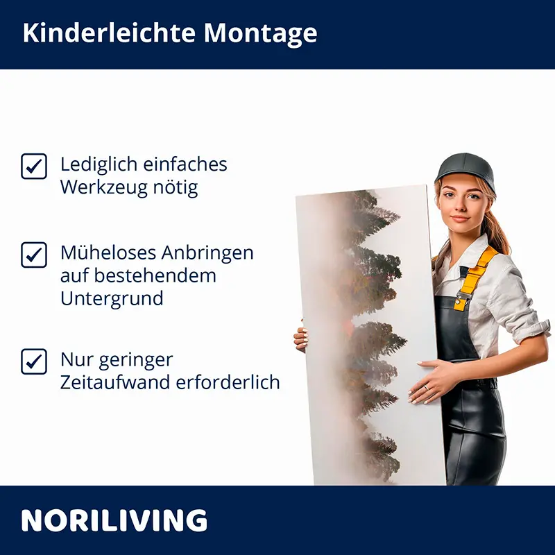 Frau hält Wandbild mit Waldmotiv, einfache Montage