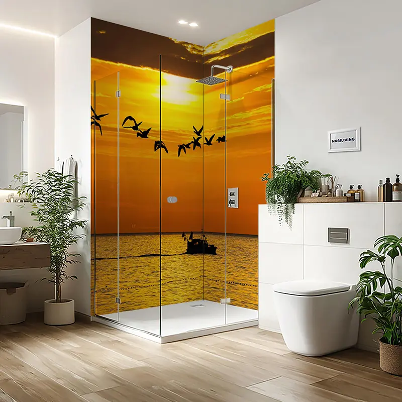 Glasdusche mit Sonnenuntergangs-Motiv, Vögel und Boot