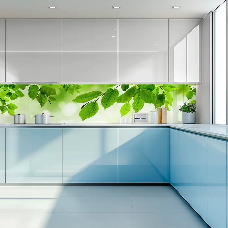 Helle moderne Küche mit grünen Blättern als Spritzschutz
