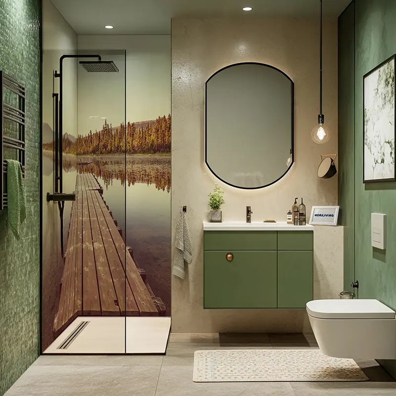 Grüner Waschtisch, Spiegel und Dusche mit Holzsteg-Motiv