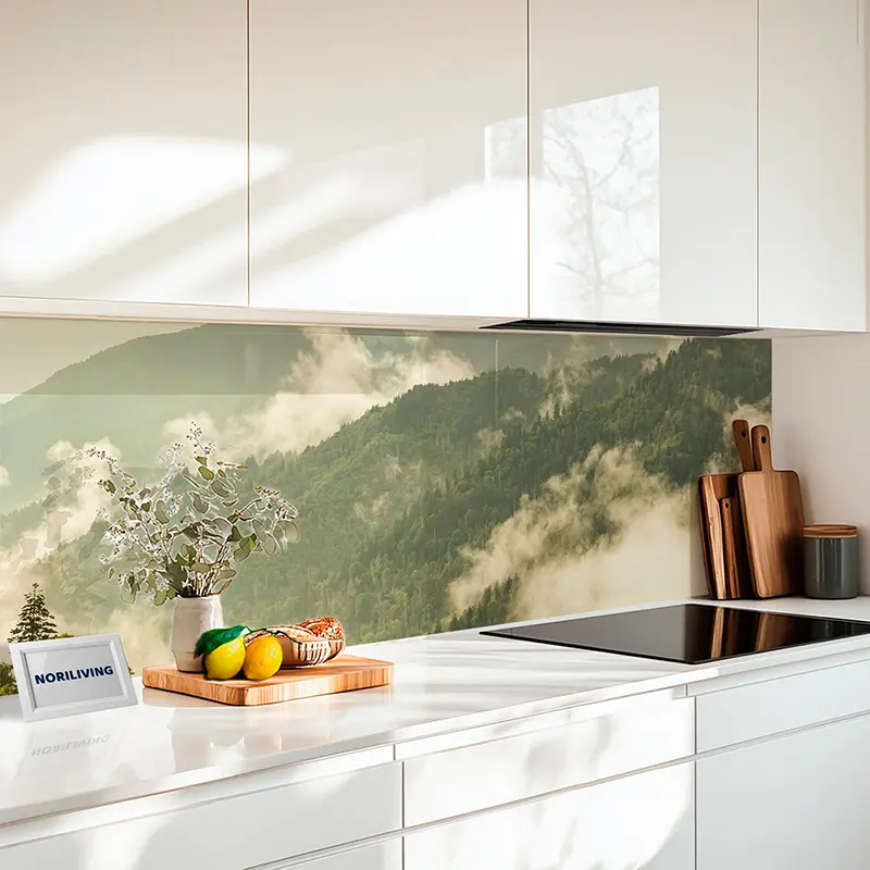 Weiße Küche mit Glasrückwand und Nebel-Bergmotiv