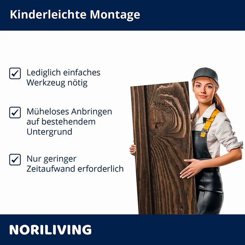Montagehinweis: Frau mit Holzpaneel und Checkliste