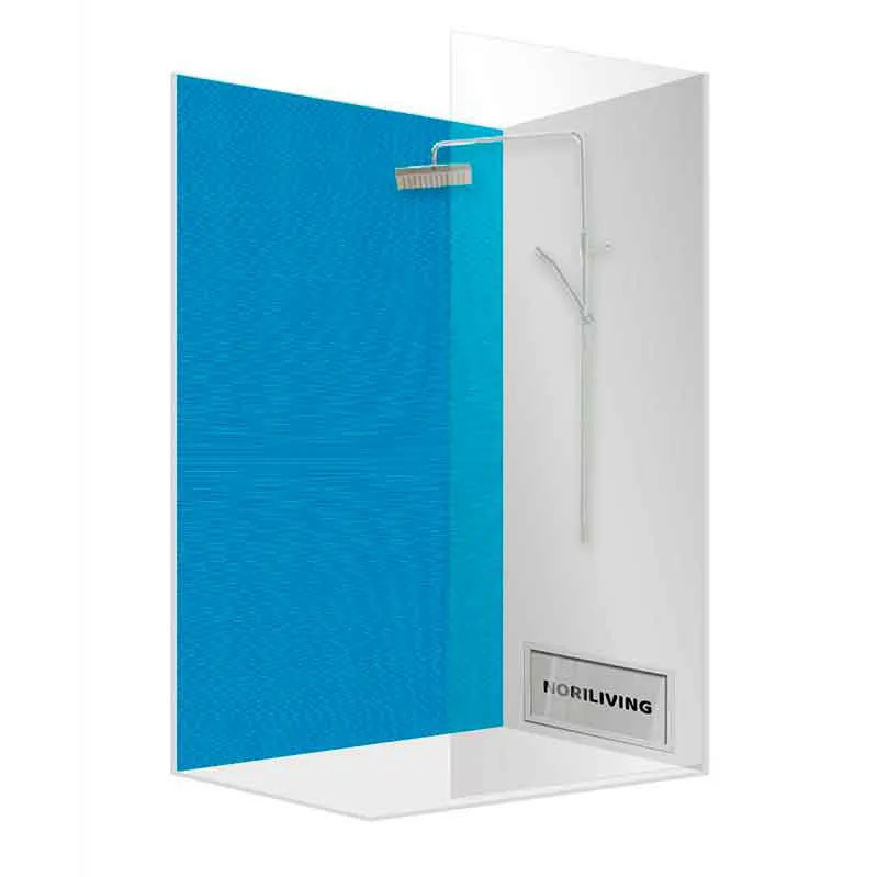 Eckdusche mit blauem Sichtschutz und Regenduschkopf