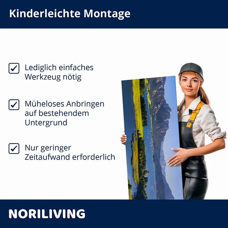 Frau hält Panorama-Bildpaneel, einfache Montage