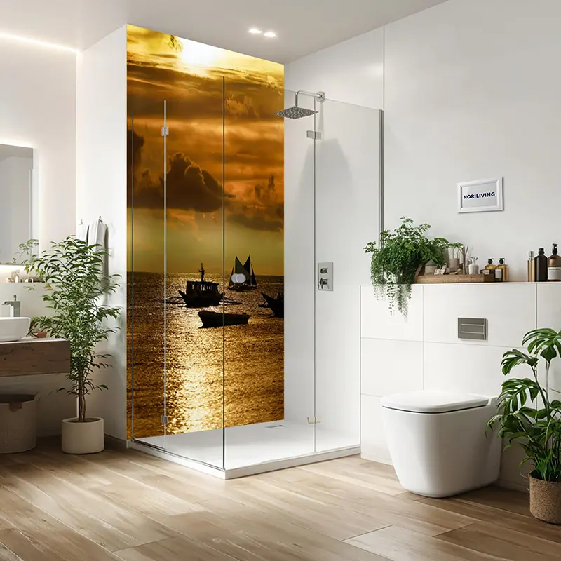 Glasdusche mit Sonnenuntergang und Segelbooten