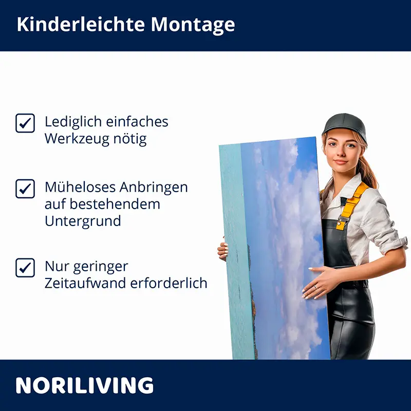 Handwerkerin hält Bildplatte, einfache Montage