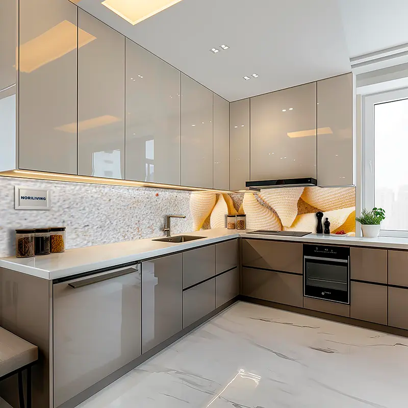 U‑förmige Küche, graubraune Fronten, Muschel‑Motiv Spritzsch