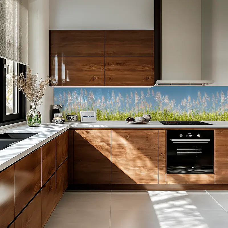 Eckküche mit Holzfronten und Gräsern als Rückwand