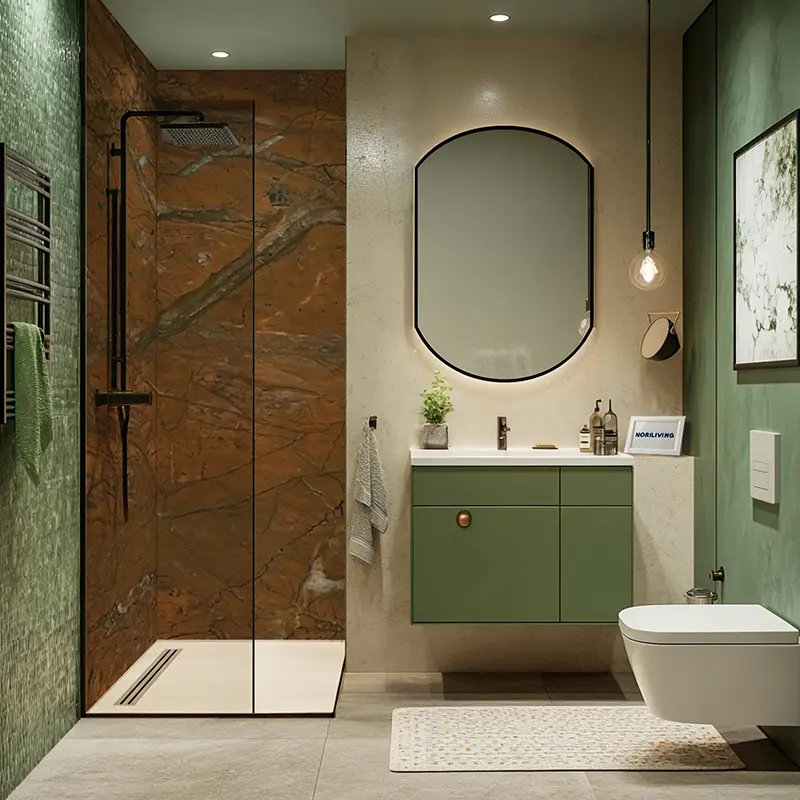 Dusche mit Glaswand, grüner Unterschrank und WC