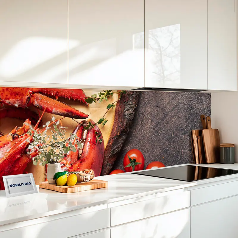 Glänzende Hummer-Küchenrückwand mit Zitronen