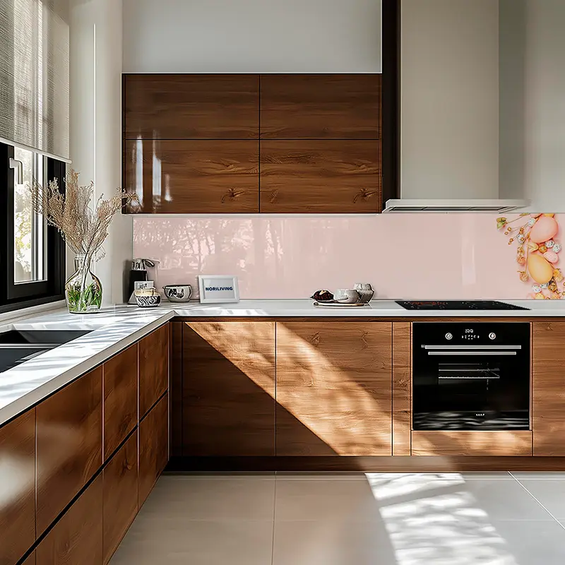 helle Küche L-Form, Holzschränke, rosa Glasrückwand