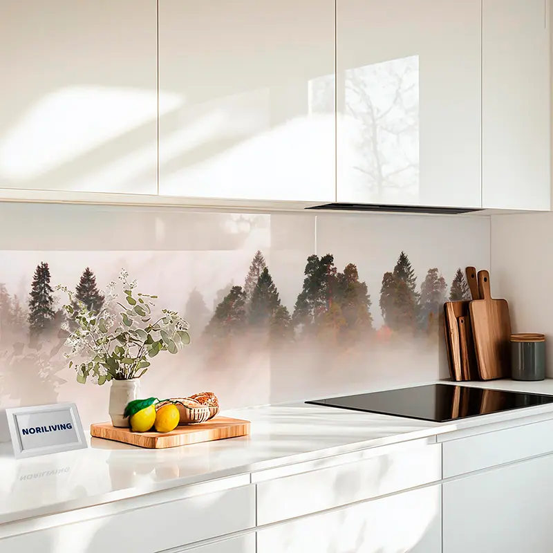 Weiße Küche mit Glasrückwand und nebeligem Wald