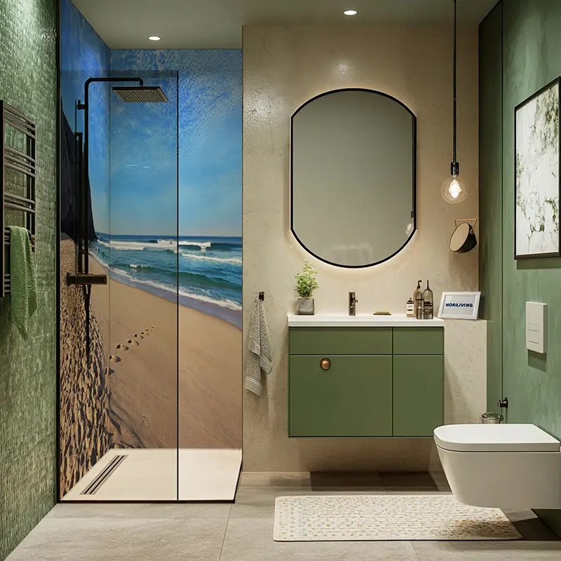 Badezimmer mit Strandmotiv in der Dusche