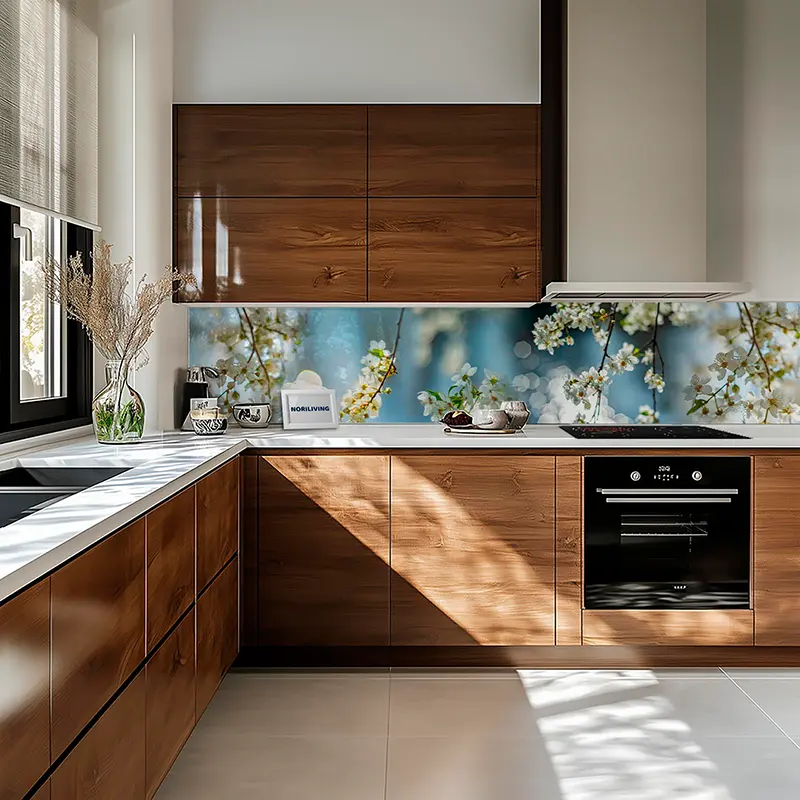 Küchenzeile mit Holzschränken und floralem Glasrückwand