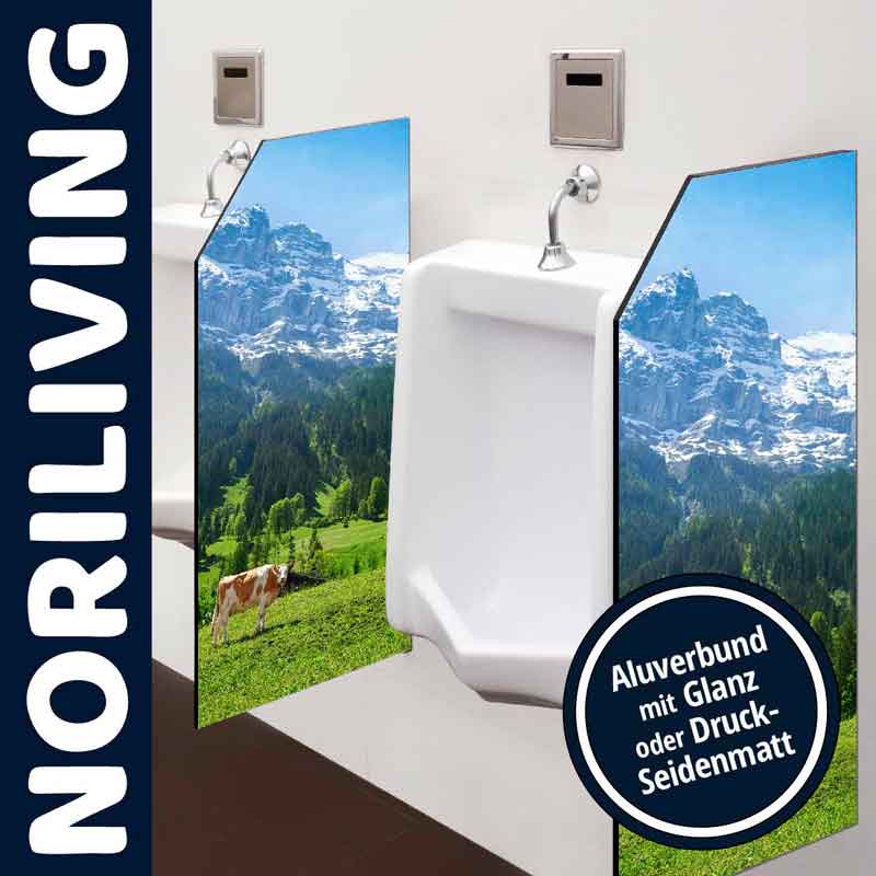 Pissoir mit Landschaftsbildern auf Trennwänden aus Aluverbund, erhältlich in Glanz oder Druck-Seidenmatt, verleiht dem Raum ein natürliches Flair