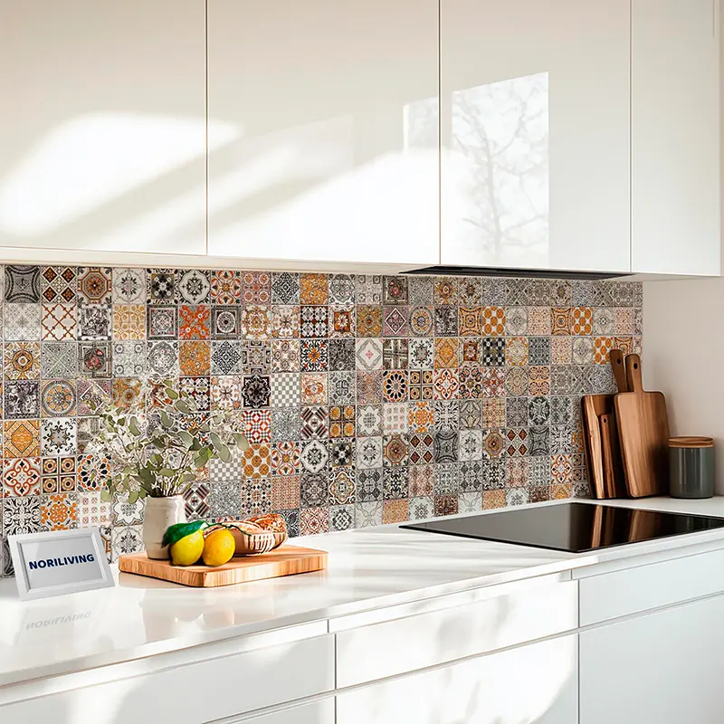Weiß moderne Küche mit buntem Mosaik-Fliesen-Backsplash