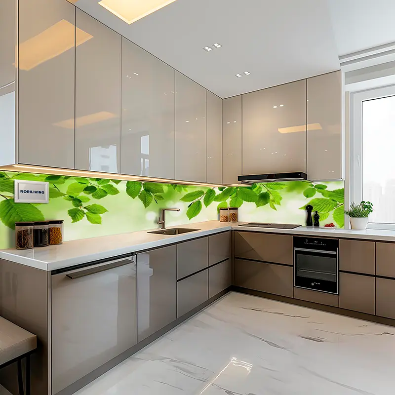 Moderne Küche mit grünem Blätter-Glasrückwand