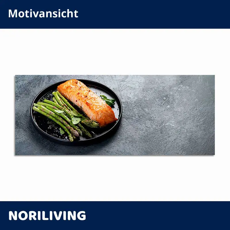 Lachsfilet auf schwarzem Teller mit Spargel