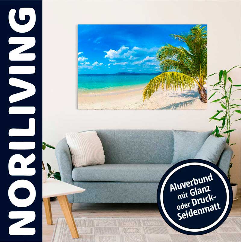 Wohnzimmer mit hellblauem Sofa, dekoriert mit einem tropischen Strandbild an der Wand. An der Seite das Logo von Noriliving.