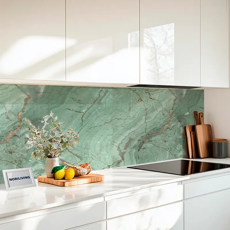 Weiße Küche mit grüner Marmor-Rückwand und Schneidebrettern